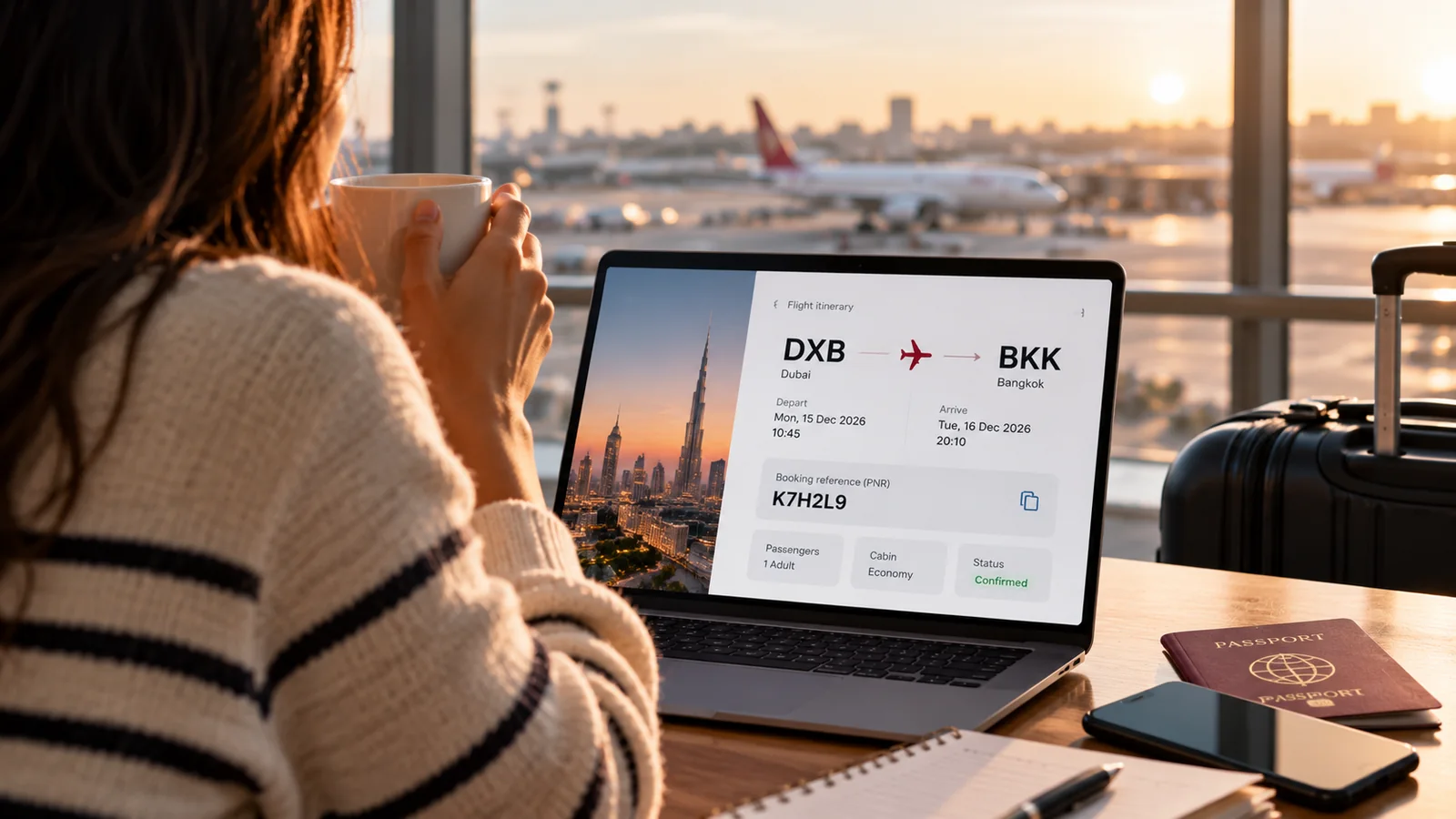 Viajera revisando una reserva de vuelo en su portátil junto a una ventana del aeropuerto