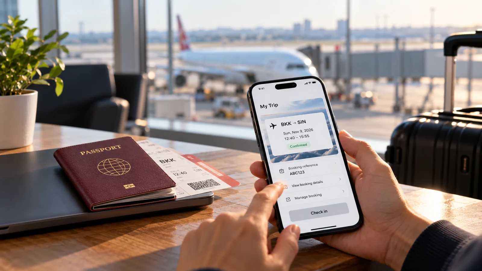 Escena ilustrativa en un aeropuerto con un viajero revisando el itinerario y el localizador en el móvil