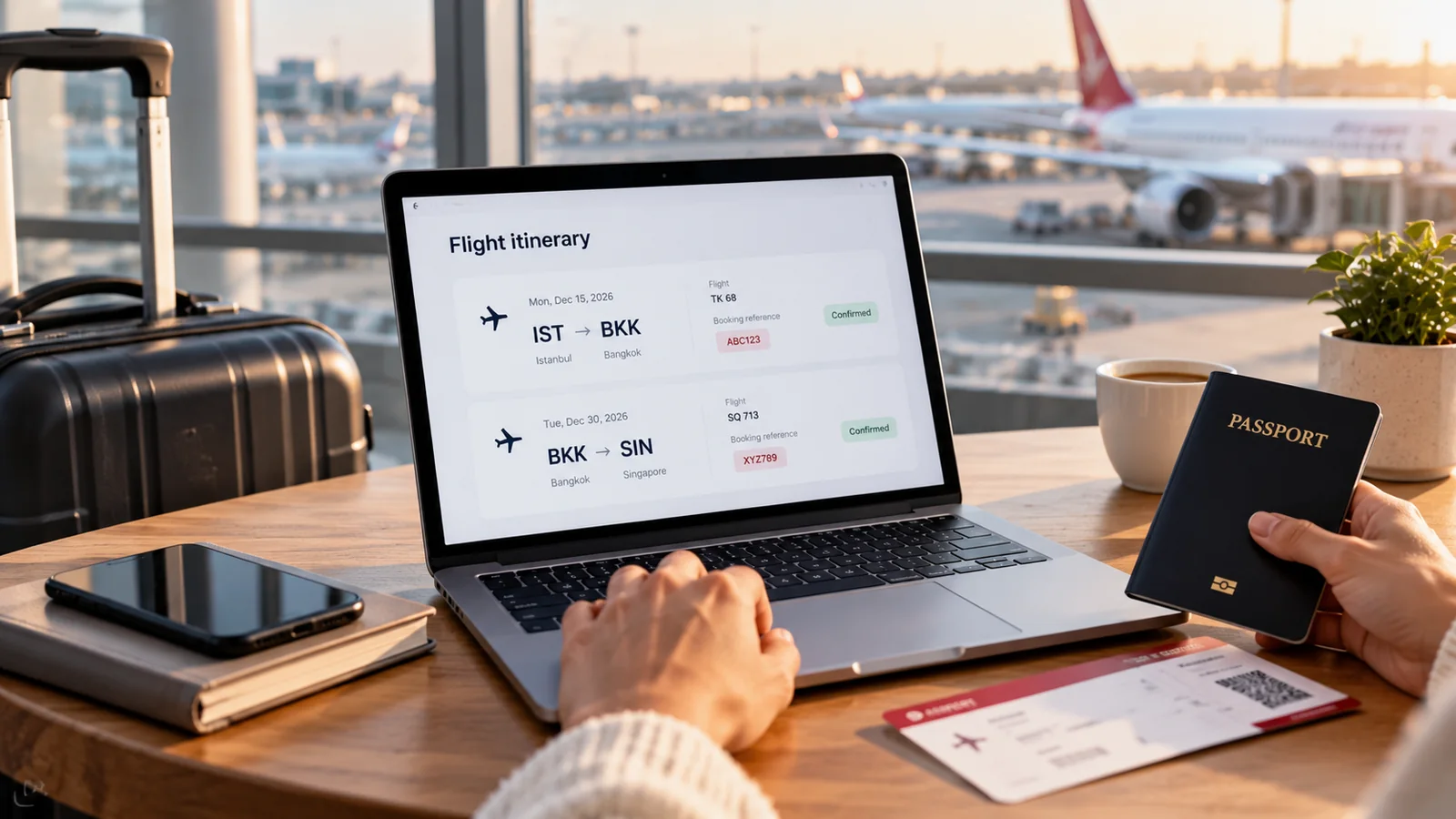 Traveler comparing flight itinerary options on a laptop in an airport lounge, with a suitcase and passport nearby