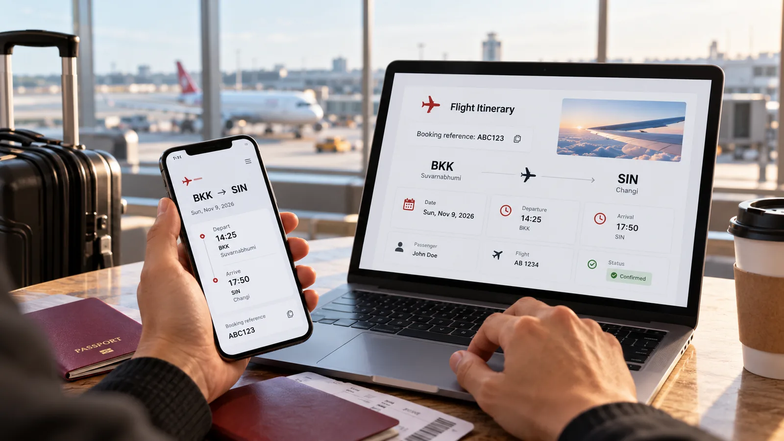 Illustrative airport scene showing a traveler comparing a flight itinerary on a phone and laptop